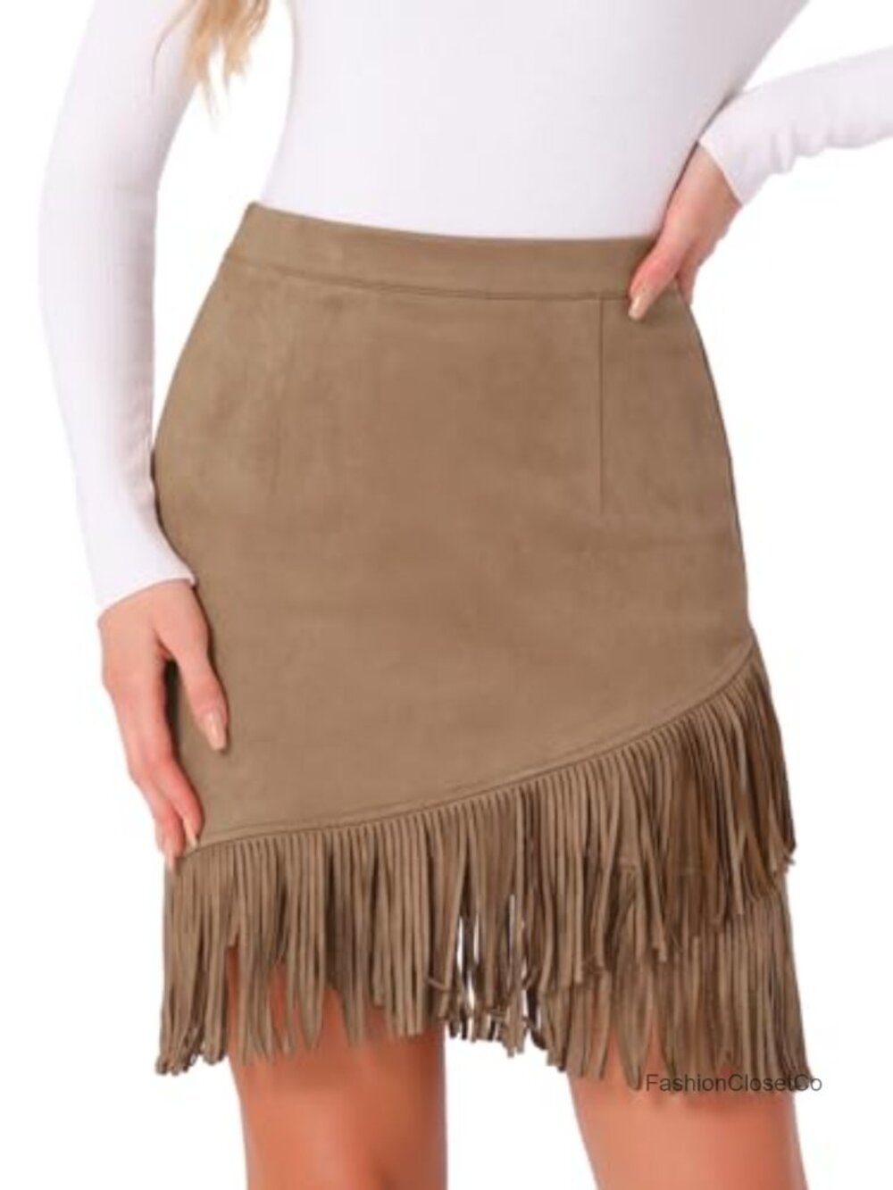 Faux Suede Fringe Bodycon Mini Skirt High Waist Stretch